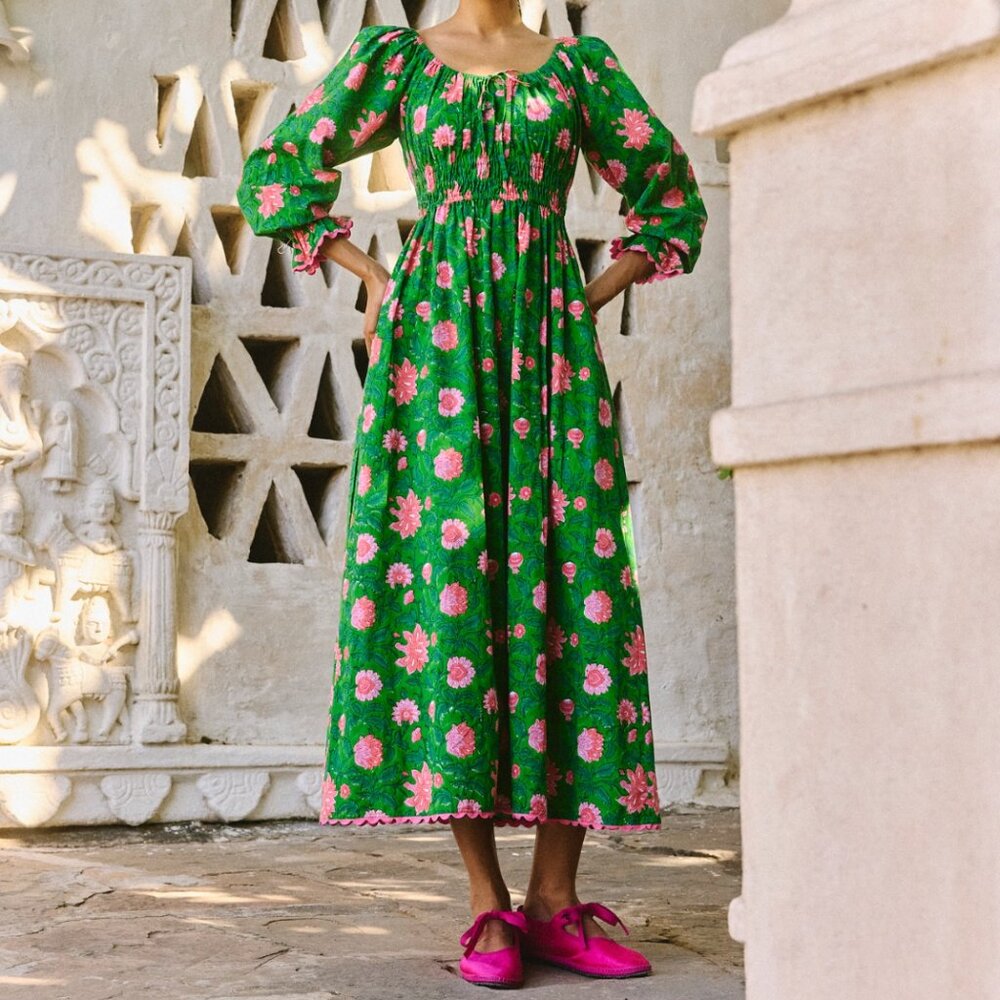 Pink City Prints Tuckernuck Emerald Green Floral Jungle Hampi Midi Cotton Dress